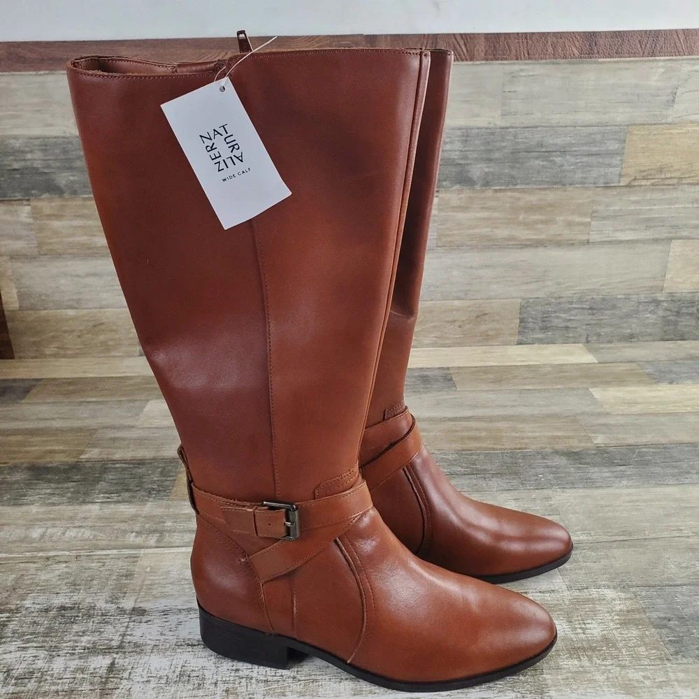 Naturalizer Rena Women Wide Calf Boots Sz 9 M Brown Leather Comfort Ankle Buckle
